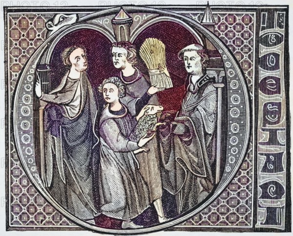 Monks engaged in agriculture. Capital letter O in the 13th century, Livre de Jurisprudence from