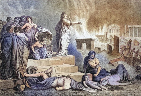 Nero during the fire of Rome, Italy, coloured wood engraving, reproduction from a model from ca
