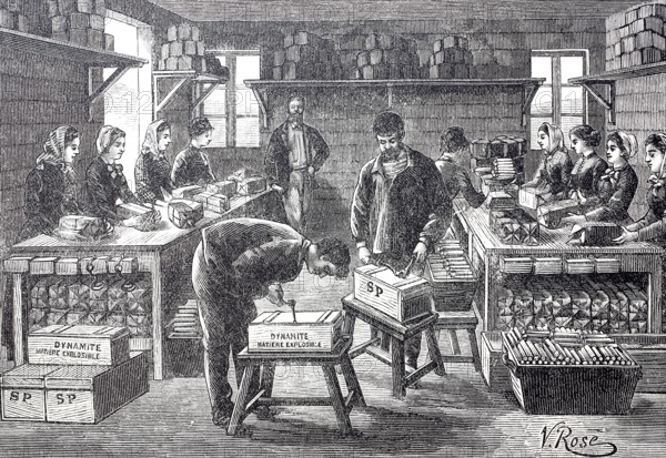 Worker packing dynamite, c. 1880, France, digitally enhanced reproduction of a 19th century model,