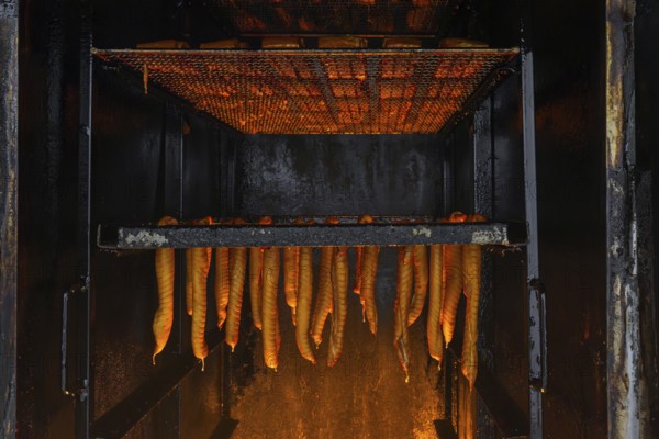 Smoking fish over beechwood fire in large metal smoker oven on the island Usedom in the Baltic Sea,