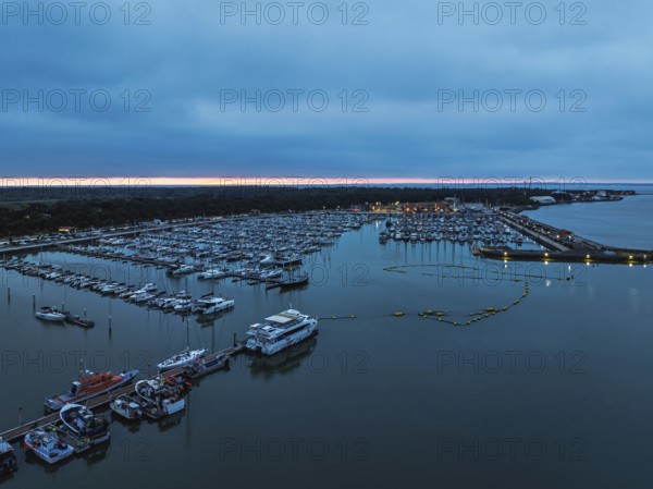 Sunset over Marina in Le Verdon-sur-Mer from a drone, Nouvelle-Aquitaine, Gironde, France, EuropeLe