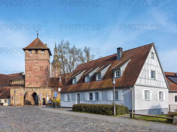 Alley with cobblestones leads through the town gate Unteres Tor, Wolframs-Eschenbach, Middle