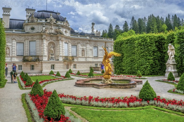 Baroque garden parterre with west side of Linderhof Palace, Ettal, Ammertal, Upper Bavaria,