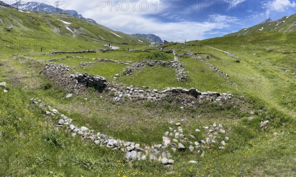 Foundation walls ruins of 2000 year old historical ancient Roman hostel Mansio at the top of the