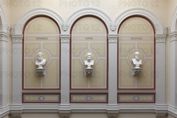 Staircase with busts of ancient Greek and Roman scholars, main building of the University of