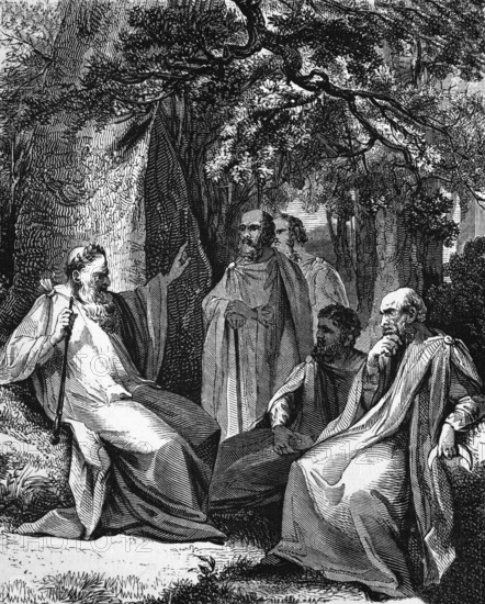 Druids in a sacred grove. In 54 AD, Emperor Claudius banned the Druids, digital reproduction of a