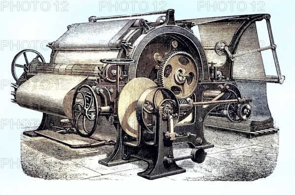 Finishing machine, steam drying machine, coloured wood engraving, reproduction of a model from ca