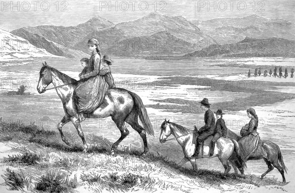 Indian family on horseback at Lake Okanagan, inland lake in British Columbia, 1880, Canada,