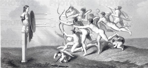 Archers shooting at a herm, Illustration from 1875 after a work by Michelangelo Buonarroti from