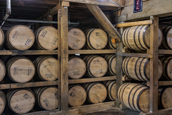 Barrels of whiskey aging in one of the barrel houses at the Jack Daniel Distillery in Lynchburg,