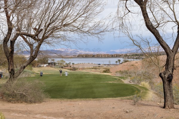 Threesome of senior golfers teeing off while playing on a golf course along the shoreline of Las