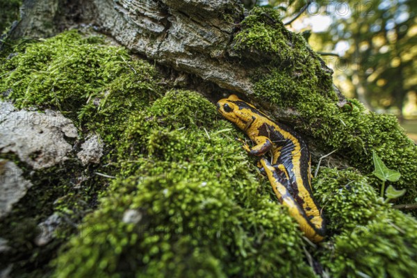 Fire Salamander (Salamandra salamandra bernardezi), endemic subspecies of a few points in north