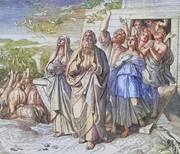 Biblical story, Noah leaves the ark, digitally enhanced reproduction of a wood engraving by Julius