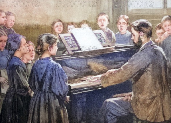 Music teacher in a home for blind children, coloured wood engraving, reproduction of an original