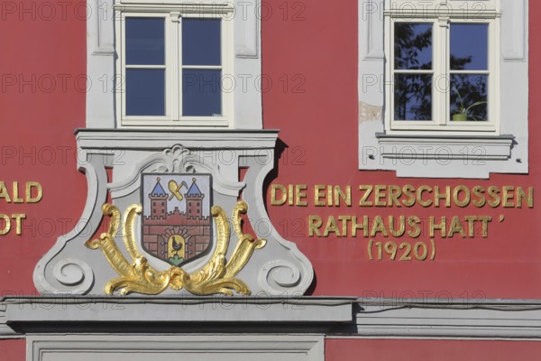 City coat of arms and inscription on the town hall, saying, text, year, Suhl, Franconia, Thuringia,