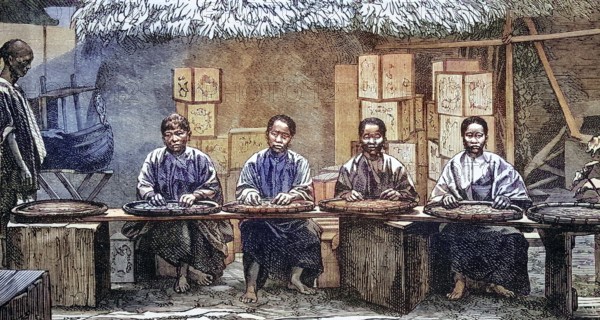 Tea sorter in China, coloured wood engraving, reproduction of an original from ca 1888, historical,