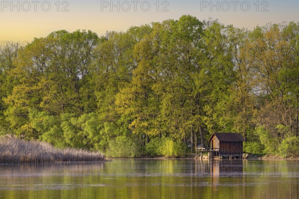 Boathouse, in spring, Neudau ponds, Neudau, Styria, Austria