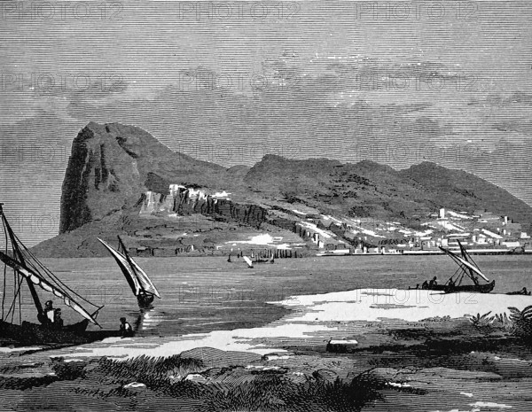 Sailing ships at the Strait of Gibraltar, rocks, mountain, houses, seen from Africa, Spain,
