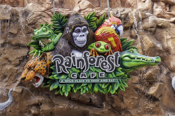 Sign for the Rainforest Cafe restaurant in Disney Springs at Disney World in Orlando, Florida, USA