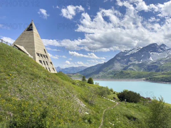 View of left Museum Musée du Mont Cenis on pass road to pass Alpine pass mountain pass Col du Mont