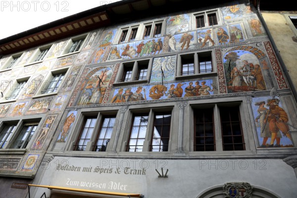 Façade with façade painting in the old town, zum weißen Adler, farm shop, Stein am Rhein, Canton