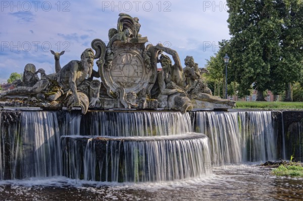 Bassin, a water basin, in front of Ludwigslust Palace, with cascades and stone figures.