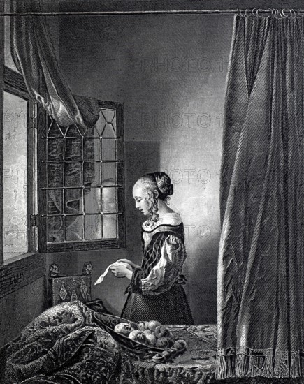 Reading girl standing at the window and reading a letter, Living room, Curtain, Historical,