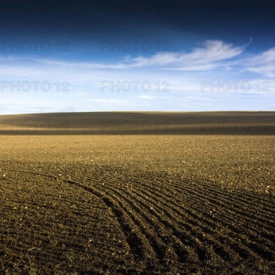 A vast stretch of farmland showcases freshly tilled soil stretching towards the horizon. The sky is