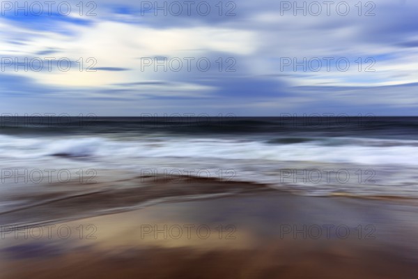 Skarðsvík Beach, surf waves on sandy beach, coastal landscape, evening sky, motion blur, Skardsvik,