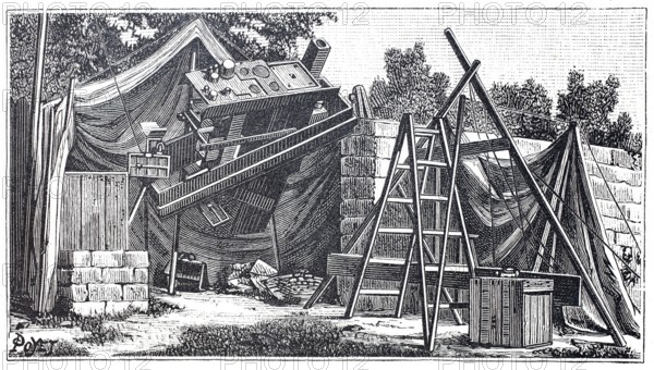 Observation stand for a solar eclipse in Upper Egypt, around 1880, illustration of the instruments