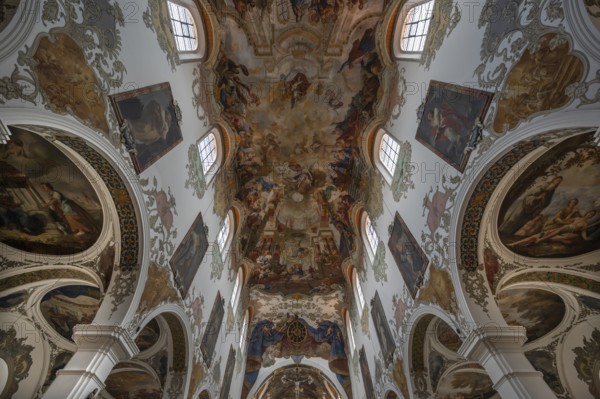 Interior with ceiling frescoes in the nave from 1746, St Martinus and Maria Church, 14th century,