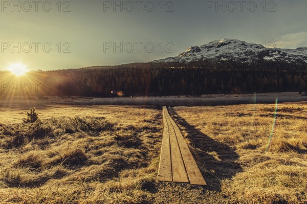 Lake Staz near Sankt Moritz in the Engadin in Switzerland. Morning atmosphere with fog in autumn.