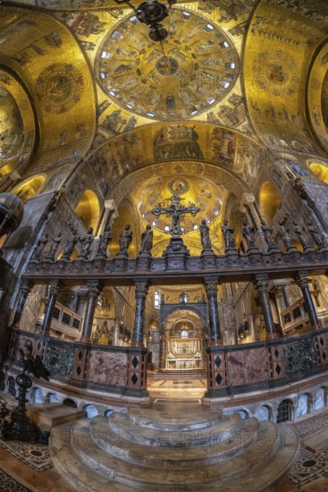 Wide angle view of saint mark's basilica interior in venice, italy, showing golden mosaics,