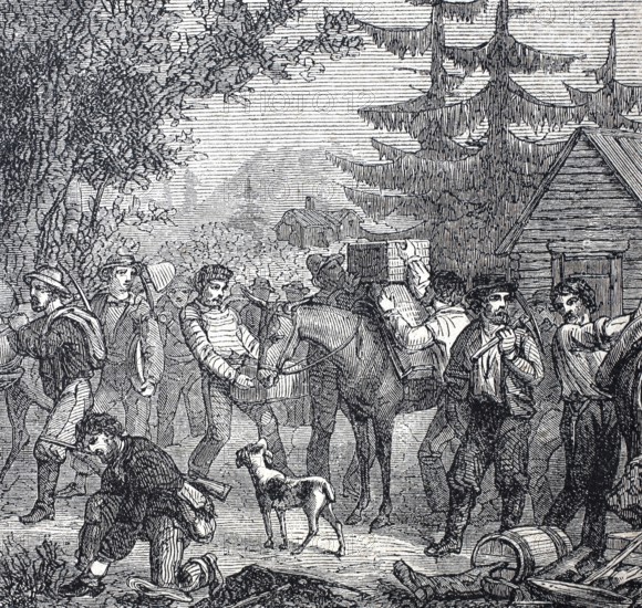 Gold seekers, gold diggers setting out for the claims in California, around 1860, America,