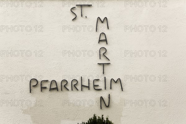 Lettering, letters, St Martin's parish hall, facade, Oberuhldingen district, Uhldingen-Mühlhofen