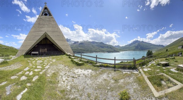 Panoramic photo with left 1967 above right Lac du Mont Cenis built Musée Museo Mont-Cenis Pyramid