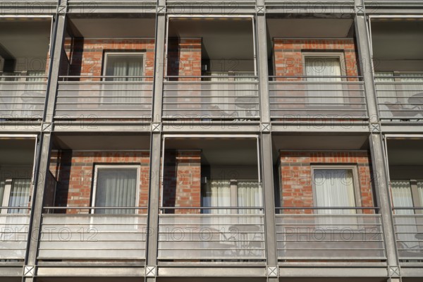 Apartment building with balconies, facade in detail, Waren, Müritz, Mecklenburg Lake District,
