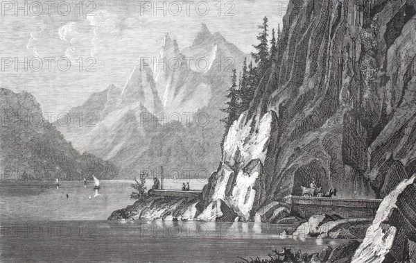 The rocky road along Lake Lake Traun from Gmunden to Ebensee, around 1870, Salzkammergut, Austria,
