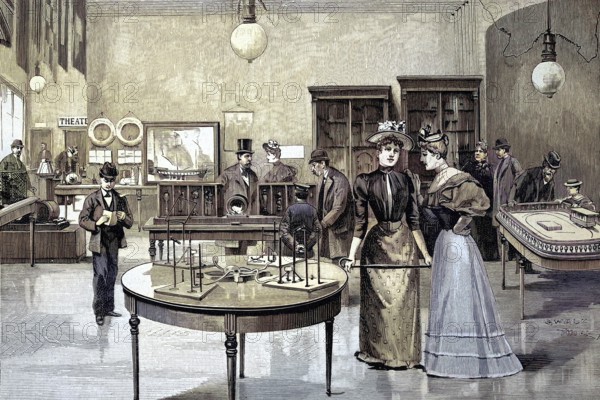Physics room in the Urania school, Berlin, Germany, students, illustration from 1894, reproduction,