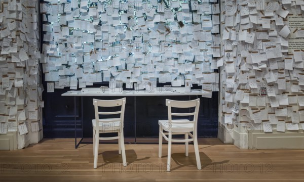 Gropius Bau Berlin, interior view, room with countless post it at the end of an exhibition, Berlin,