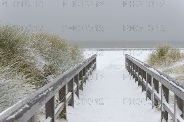 Winter day, onset of winter, wooden plank path leads through the snow-covered dune landscape to the