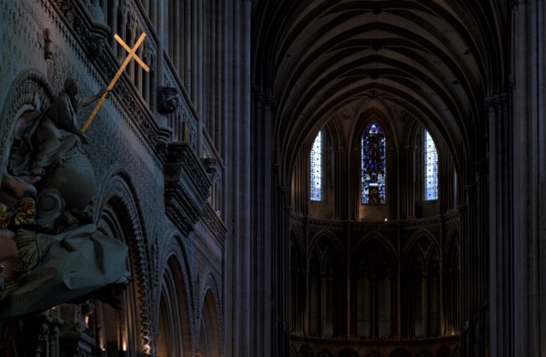 Interior view, angel on pulpit, holding a shining golden sword, Cathédrale Notre-Dame de Bayeux,