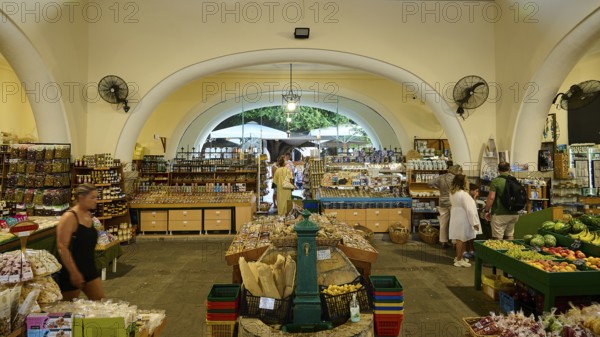 Agora, Municipal Market Hall, A busy marketplace with various food stalls and people, Kos Town,