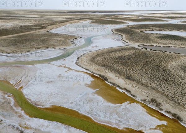 Aerial view of a barren desert landscape with salt lakes and dry river, aerial view, salt lake, Tuz