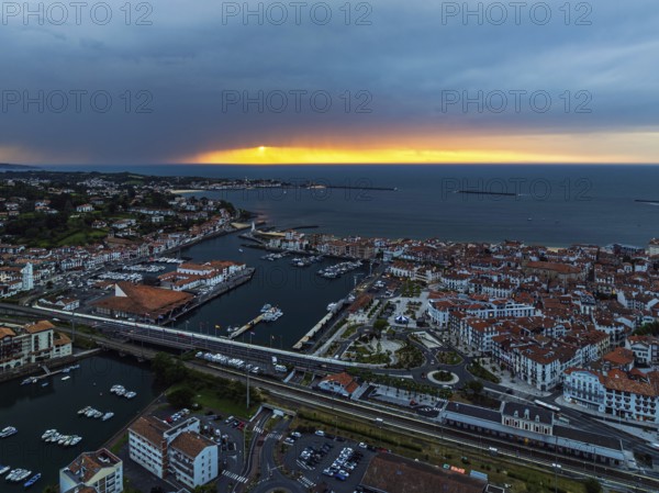Panorama of Sunset over Saint-Jean-de-Luz from a drone, Nouvelle-Aquitaine, Pyrenees-Atlantiques,