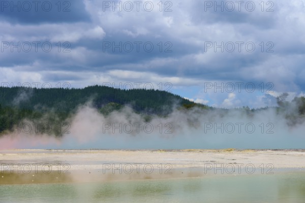 Misty steam over a hot spring and forested hills, under a dramatic sky, Champagne Pool thermal