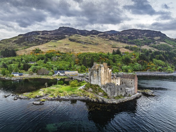Eilean Donan Castle and Loch Duich from a drone, Isle of Skye, Highlands, Scotland, England, United