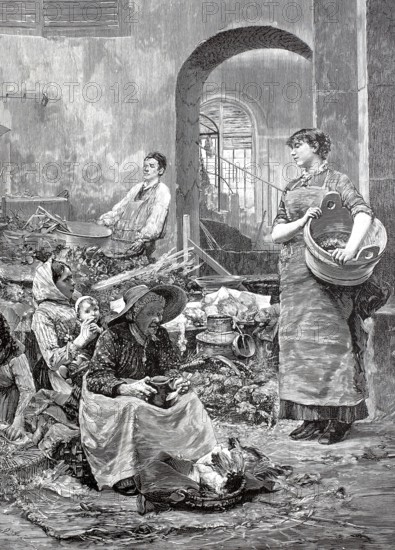 Poor vegetable market in a small town in France around 1880, Poverty, Historical, digitally