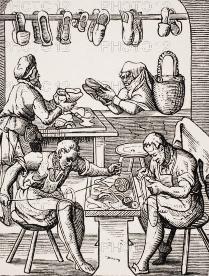 Shoemaker. Reproduction of a woodcut from the 16th century by Jost Amman from the 19th century,