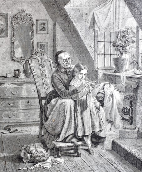 Grandmother shows granddaughter how to knit, at home, knitting utensils, wool, 1888, Germany,